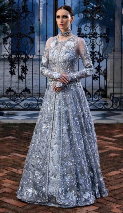 Pakistani Wedding Dress In Silver Lehenga Outfit Style