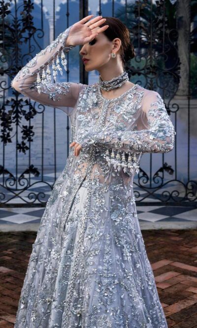 Pakistani Wedding Dress In Silver Lehenga Outfit Style