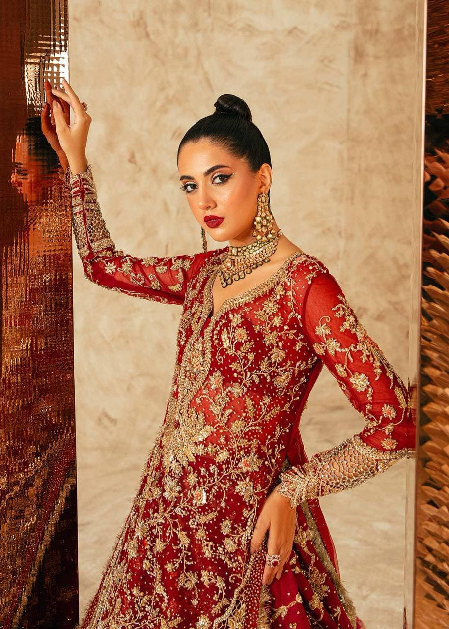 Red And Antique Gold Combination Lehenga Pakistani Bridal Outfit