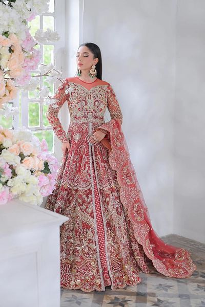 Pakistani Embroidered Red Front Open Gown And Lehenga Dress