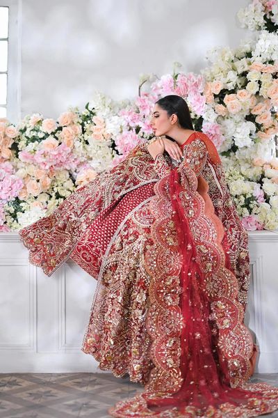 Pakistani Embroidered Red Front Open Gown And Lehenga Dress