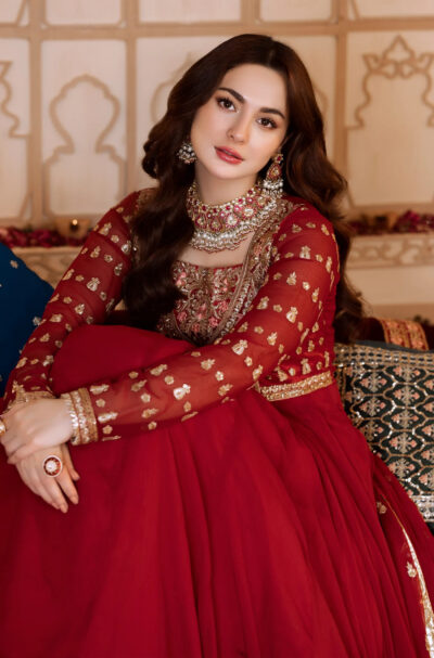 Pakistani Embroidered Maroon Kalidar Party Wear - Image 4