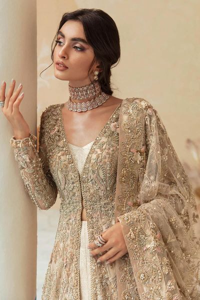 Pakistani Bridal Dress Golden-beige Embellished Lehenga Outfit