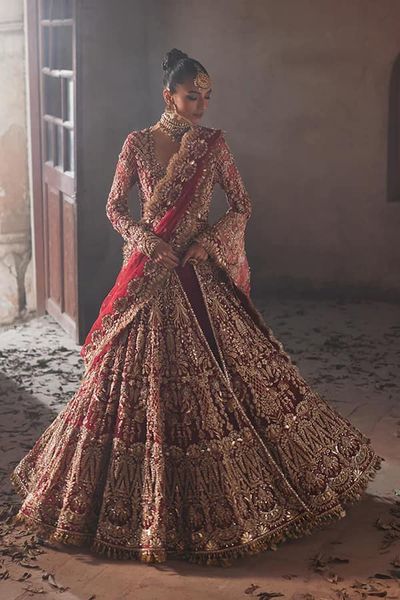 Pakistani Traditional Embroidered Red Lehenga Gown For Bride