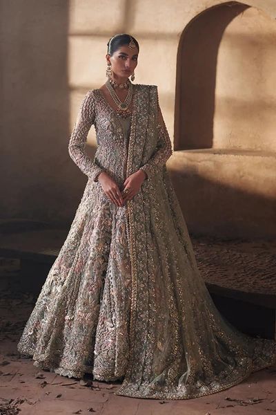 Pakistani Light-Green Embroidered Bridal Lehenga Net Outfit