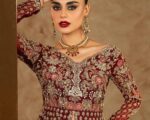 Pakistani Bridal Long Trail Embroidered Rose Red Lehenga Outfit