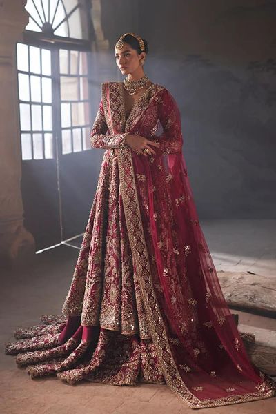 Pakistani Embellished Farshi Raw Silk Lehenga Gown Bridal Dress