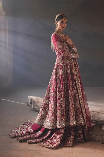 Pakistani Embellished Farshi Raw Silk Lehenga Gown Bridal Dress