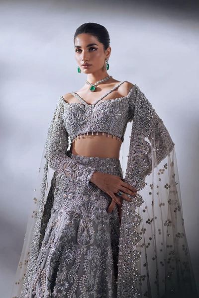 Beautiful Antique Grey Embroidered Pakistani Bridal Lehenga Outfit