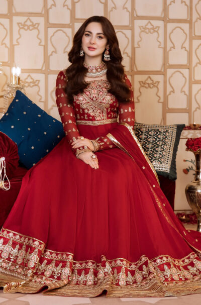 Pakistani Embroidered Maroon Kalidar Party Wear - Image 5