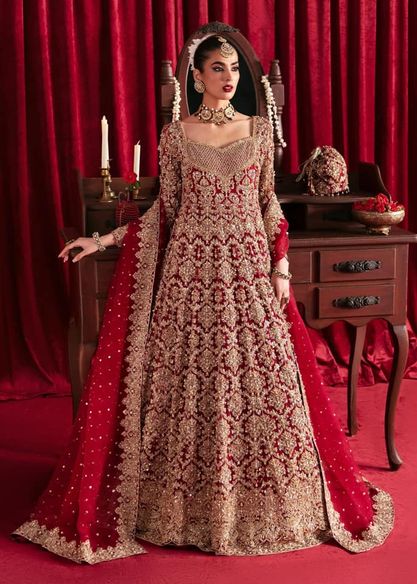 Traditional Pakistani Red Embroidered Pishwas Lehenga Outfit