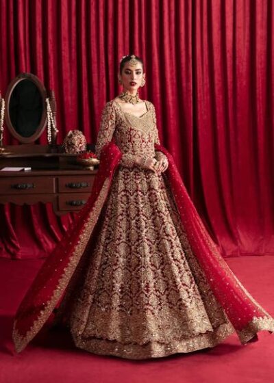 Traditional Pakistani Red Embroidered Pishwas Lehenga Outfit