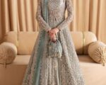 Elegant Embellished Ice Blue Front Open Pishwas Lehenga Outfit