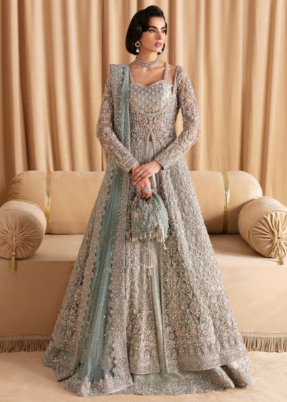 Elegant Embellished Ice Blue Front Open Pishwas Lehenga Outfit