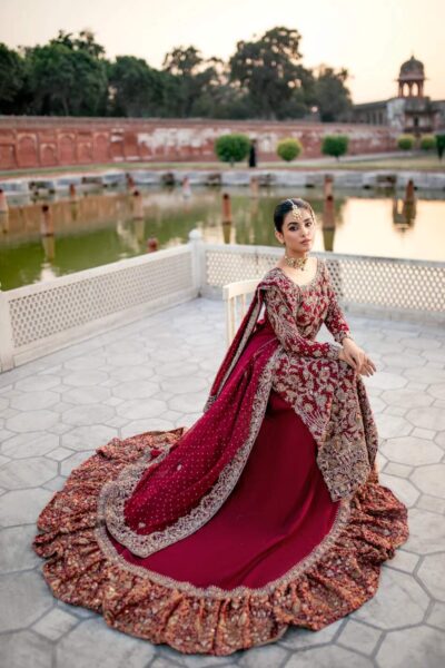 Pakistani Bridal Dress Red Long Tail Farshi Lehenga Outfit