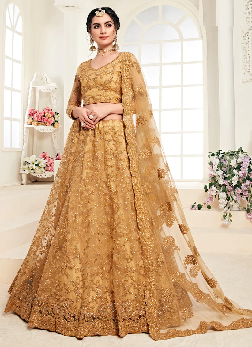 Indian Bridal Dress Mustard Net Lehenga Choli Wedding Outfit