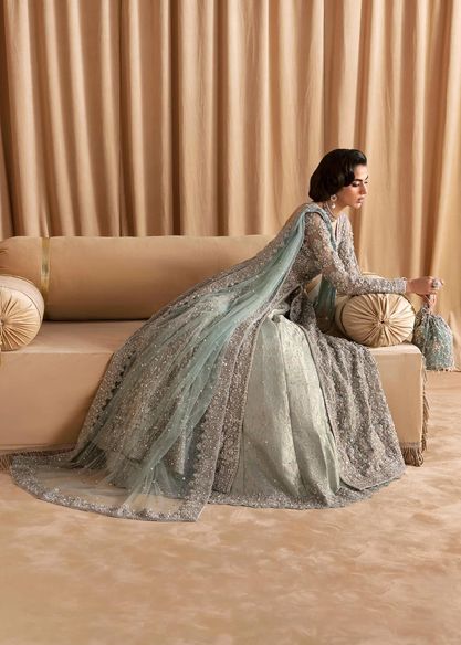 Elegant Embellished Ice Blue Front Open Pishwas Lehenga Outfit