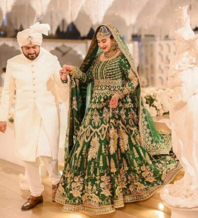 Pakistani Designer Emerald Green Maxi Lehenga Bridal Dress