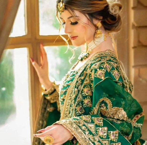 Pakistani Designer Emerald Green Maxi Lehenga Bridal Dress