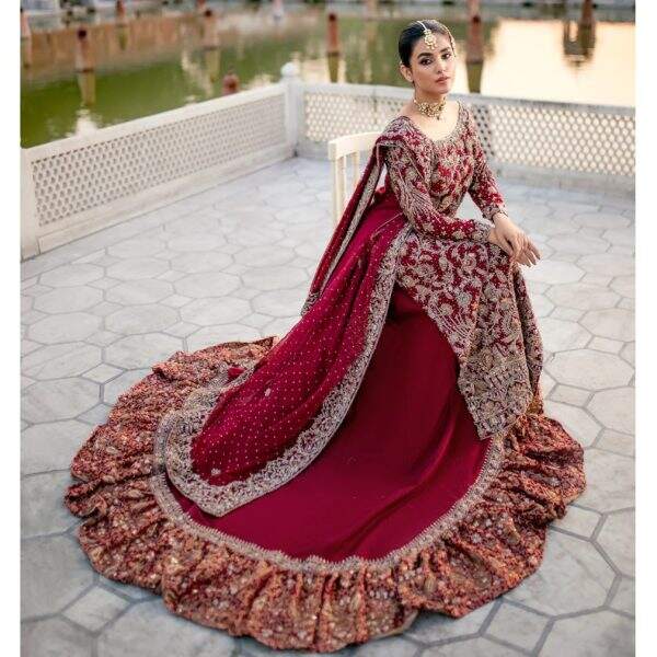 Pakistani Bridal Dress Red Long Tail Farshi Lehenga Outfit