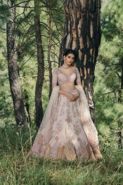 Peach Cream Ethnic Bridal Organza Lehenga