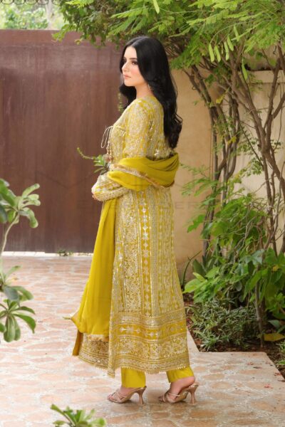 Pakistani Party Yellow Mayo Angrakha Frock - Image 2