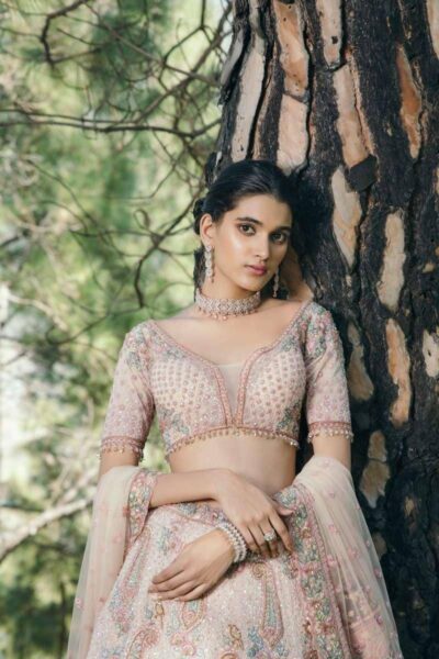 Indian Bridal Peach Cream Organza Lehenga