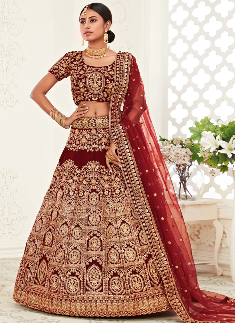 Red Velvet Weaved Marriage Lehenga Choli