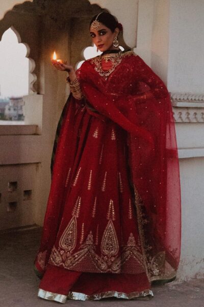 Pakistani Embroidered Bridal Dress In Pishwas And Lehenga Style