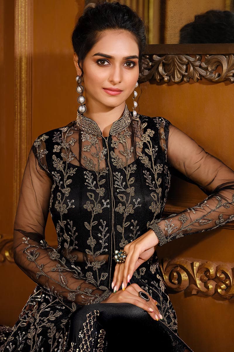 Dull Dark Sangeet Dori Weaved Anarkali Suit in Net