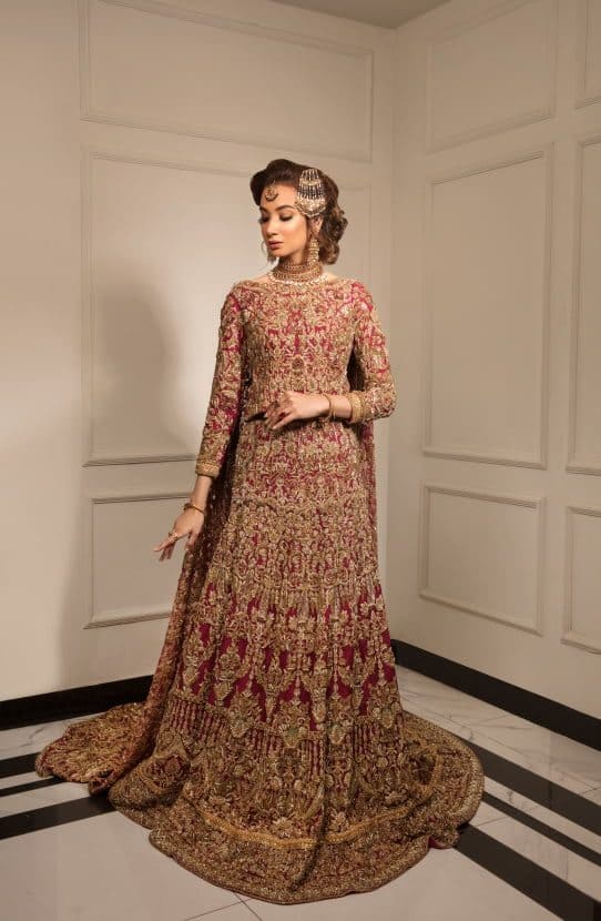 Pakistani Bridal Red Net Lehenga Gown Wedding Outfit