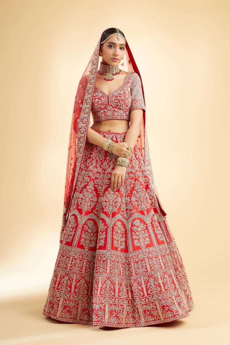 Raw Silk Lehenga in Vermillion Red