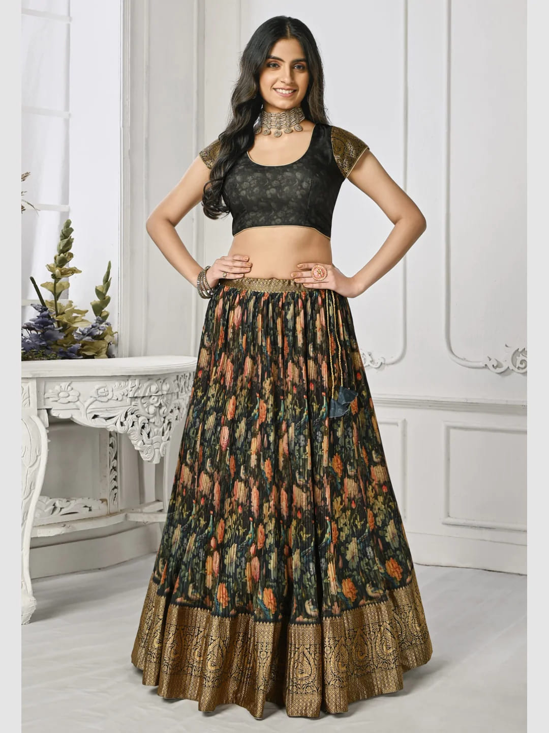 Multicolored Silk Floral Print Lehenga Choli