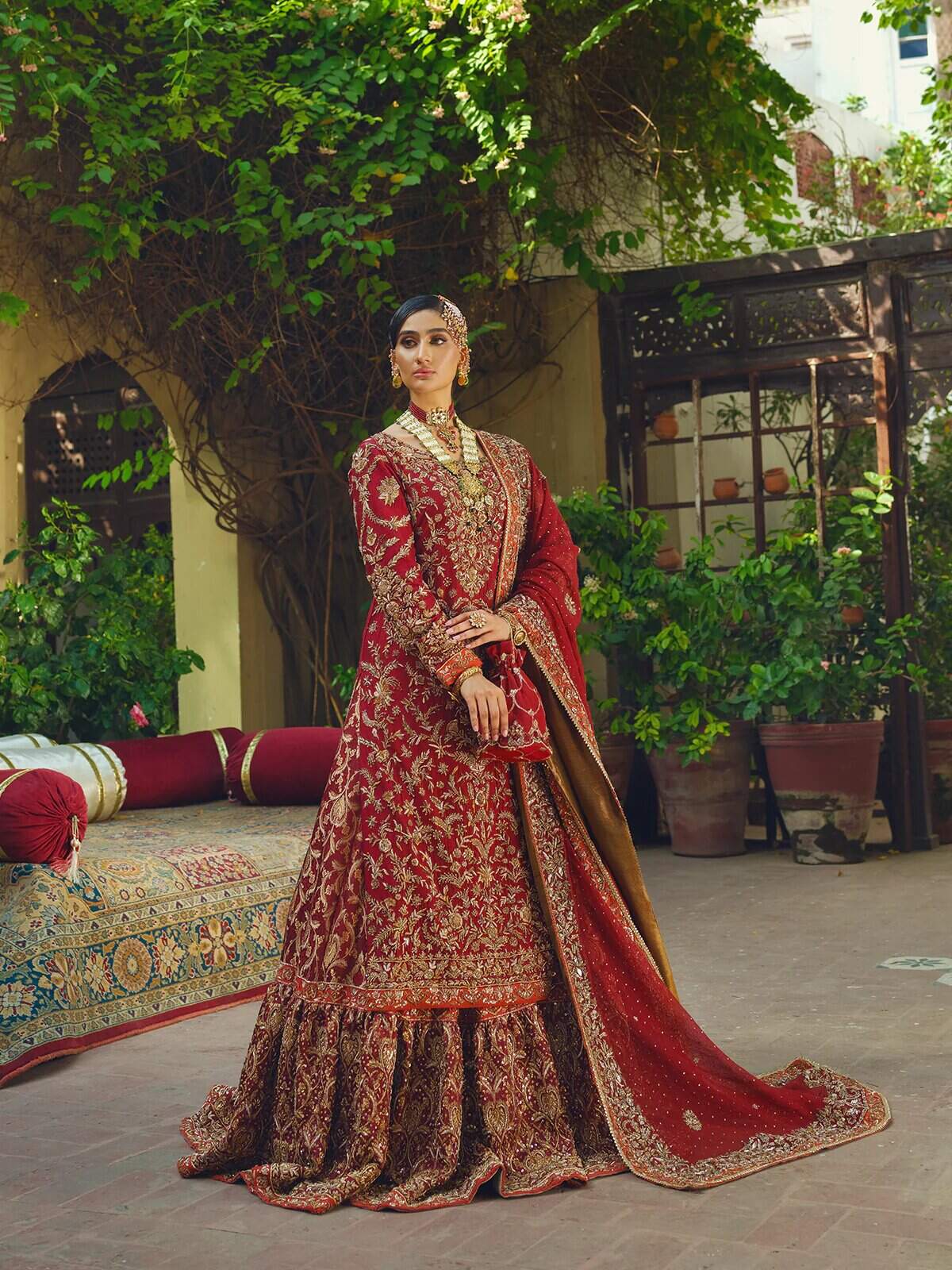 Embroidered Red Lehenga Shirt And Dupatta Pakistani Bridal Outfit