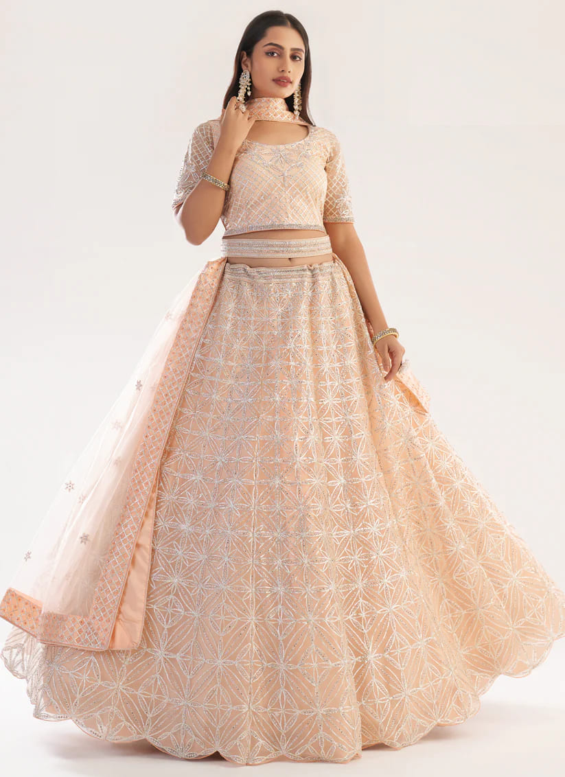 Peach Net Weaved Wedding Lehenga Choli