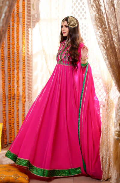 Pakistani Embellished Pink Kalidar Party Outfit - Image 3