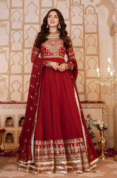 Pakistani Embroidered Maroon Kalidar Party Wear