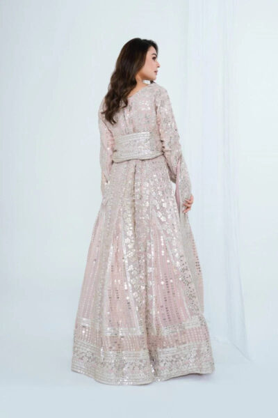 Foil and sequins weaved chiffon maxi dress and dupatta with crude silk pants. - Image 2