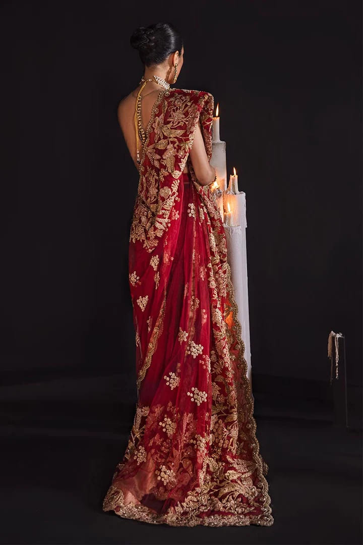 Decorated Red Indian Bridal Saree in Net Chiffon