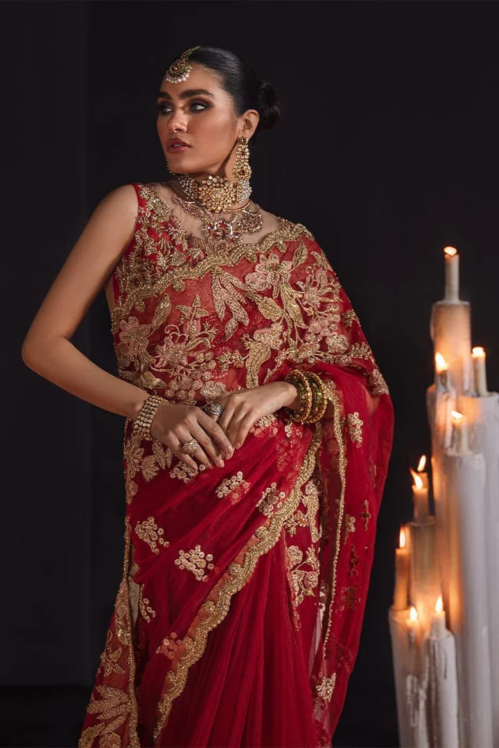 Adorned Red INDIAN Marriage Saree In Net Chiffon