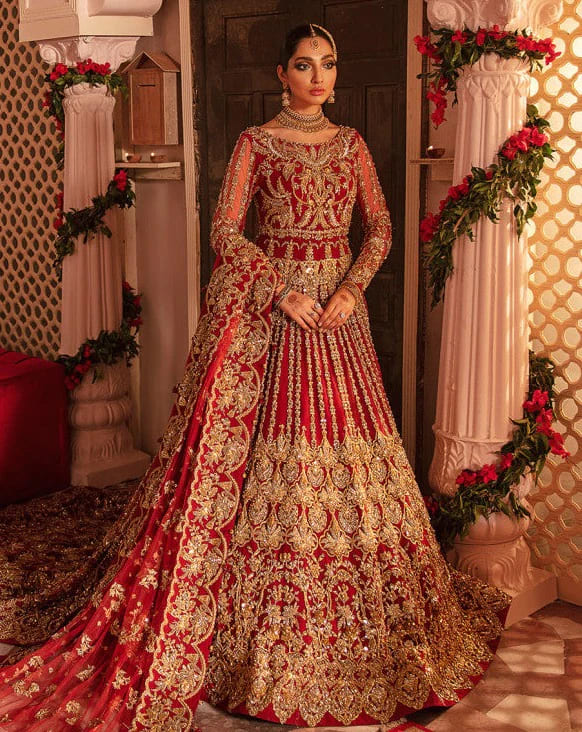 Red Pakistani Nikaah and Walima Long Trail Gown