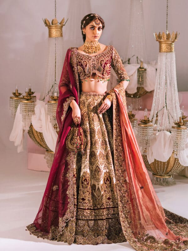 Maroon Pakistani Wedding Dress In Gown And Dupatta Style