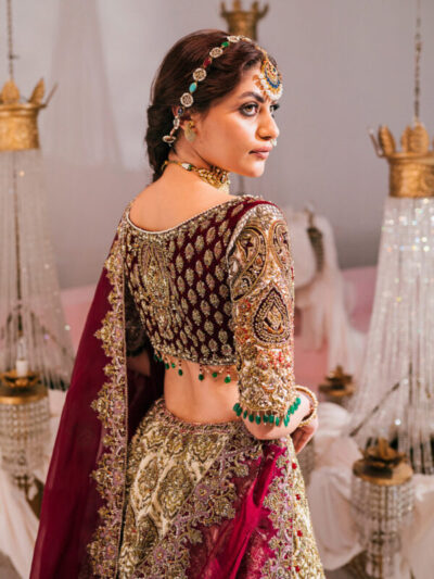 Maroon Pakistani Wedding Dress In Gown And Dupatta Style