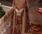 Bridal Outfit Maroon Long Tail Lehenga Gown Wedding Dress