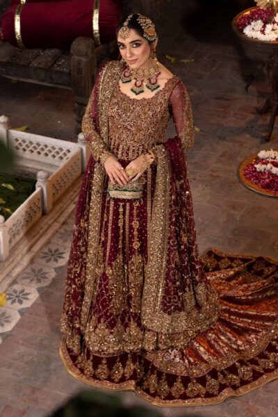 Bridal Outfit Maroon Long Tail Lehenga Gown Wedding Dress