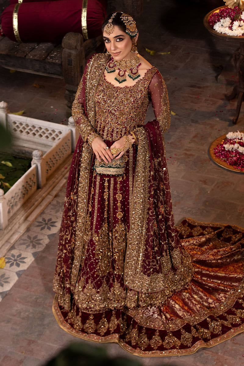 Bridal Outfit Maroon Long Tail Lehenga Gown Wedding Dress Nameera Bridal