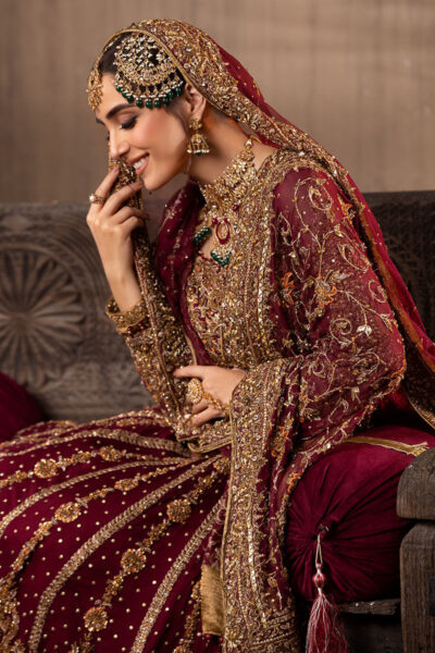 Bridal Outfit Maroon Long Tail Lehenga Gown Wedding Dress