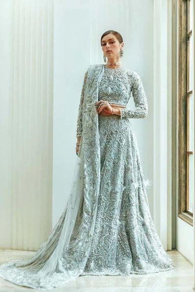 Pakistani Bridal Dress Silver Shaded Open Style Gown Lehenga Nameera Bridal