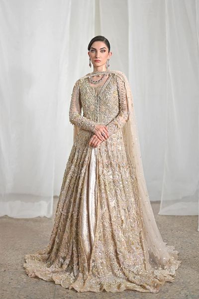 Pakistani Embellished Bridal Dress In Open Gown Lehenga Style