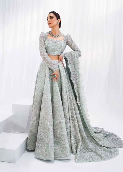 Pakistani Bridal Dress Lehenga Choli Outfit Embellished Light Cyan